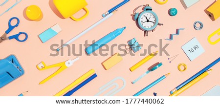 Creative flat lay with school stationery, on pink background. Banner.