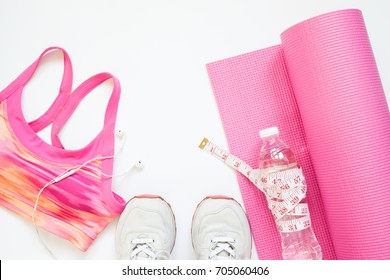 Creative Flat Lay Of Sport Equipments In Pink Collection, Gym And Workout