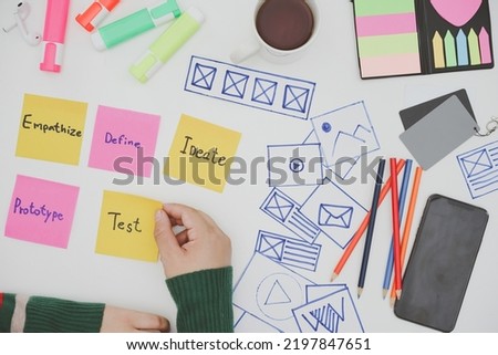 Creative flat lay top view photo of UX designer working space and office supplies on white background. User Experience Design Process concept.