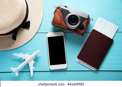 Creative Flat Lay Travel Concept With Camera, Mobile Phone And H