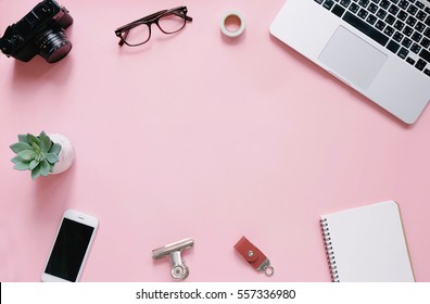 Creative Flat Lay Of Workspace Desk, Office Stationery And Lifestyle Objects On Pink Background With Copy Space, Mock Up For Product