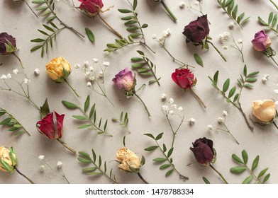 Creative floral background. Colorful flowers composition on beige background. Pattern with red and yellow dried roses. - Shutterstock ID 1478788334