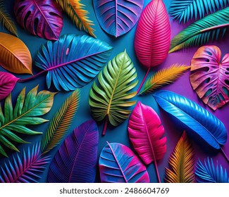 Creative fluorescent color layout made of tropical leaves. Flat lay neon colors. Nature concept - Powered by Shutterstock