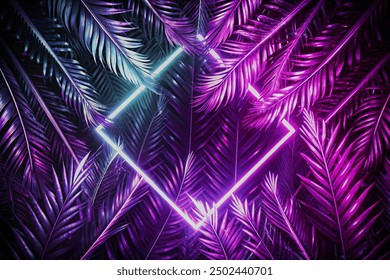 Creative fluorescent color layout made of tropical leaves with neon light square. Flat lay. Nature concept - Powered by Shutterstock