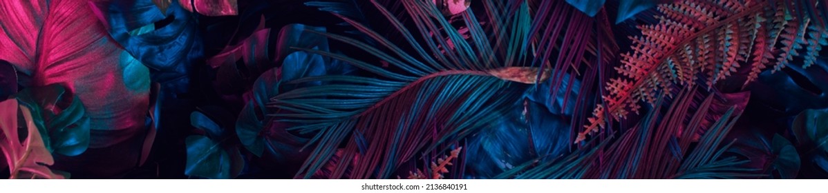 Creative fluorescent color layout of tropical leaves. Neon colors lay flat. The concept of nature. - Shutterstock ID 2136840191