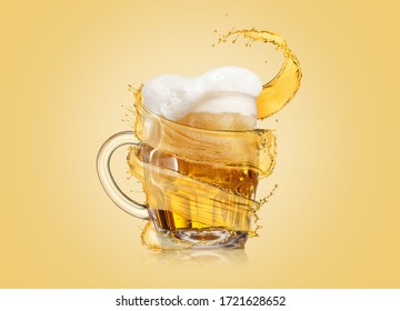 Creative flying spiral yellow splash aroung full glass mug of fresh cold light beer with thick foam on a light yellow background, copy space. - Powered by Shutterstock