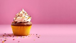 Creative Food Composition. Chocolate Cupcake Muffin With Cream Frosting Sprinkles On Pink Background. Template For Product Presentation Display. Copy Text Space Banner	
