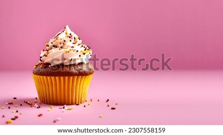 Creative food composition. Chocolate cupcake muffin with cream frosting sprinkles on pink background. Template for product presentation display. copy text space banner	
