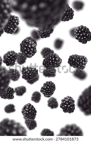 Creative food composition featuring floating fresh blackberries with dripping blackberry juice isolated on a white background. Deep purple berries in a surreal levitation scene with glossy liquid splashes, ideal for concepts related to freshness, healthy eating, desserts, smoothies, organic products, advertising, packaging, and modern food design.