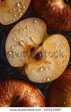 Creative food concept. Fresh red green sliced cut apple apples adorned with glistening water droplets seamless. mock up. view. top. flat lay	