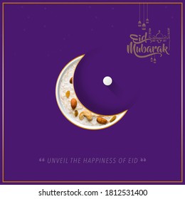 Creative Food Design For Eid Mubarak. Crescent Moon And Arabic Calligraphy