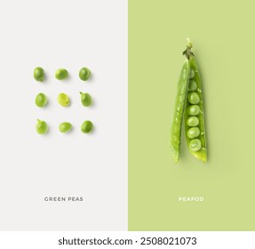 creative food, vegetables or healthy eating concept with fresh green peas arranged in a group and single open pea pod on contrasting color blocks, minimalist colorful color blocking design, flat lay - Powered by Shutterstock