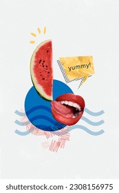 Creative freak strange template collage of human lips feel hungry enjoying tasty juice water melon slice on summer weekend day