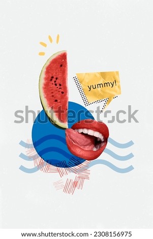 Creative freak strange template collage of human lips feel hungry enjoying tasty juice water melon slice on summer weekend day