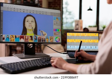 Creative freelancer editing picture with retouching software, using graphic tablet to edit image for multimedia production. Visual content creator using photography retouch interface.