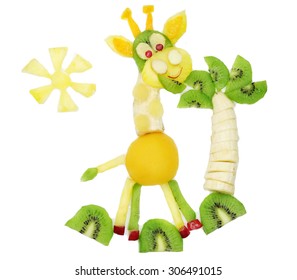 Creative Fruit Dessert For Child Funny Form Giraffe Eating Palm Leaves
