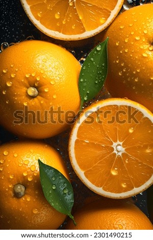 Creative fruits composition. Beautiful oranges whole and sliced glistering with dew water droplet. flat lay top view. seamless macro closeup