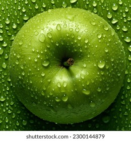 Creative fruits composition. Close up of Beautiful green whole apple glistering with dew water droplet. flat lay top view. seamless