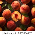 Creative fruits vegetable concept. Fresh peach peaches glistering with water droplet. flat lay top view