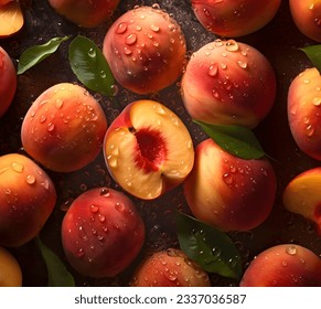 Creative fruits vegetable concept. Fresh peach peaches glistering with water droplet. flat lay top view - Powered by Shutterstock