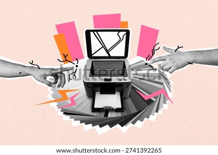 Creative full art image collage of human hands point office supply photocopier laser printer paper sheet documentation folder.