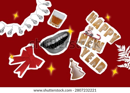 Creative full art image collage of human mouth smile cognac glass gingerbread new year tree bow decoration light bulb garland.