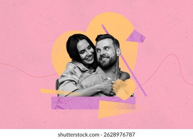 Creative full artwork collage of two happy girl guy sit together love feelings family bonding boyfriend girlfriend couple date