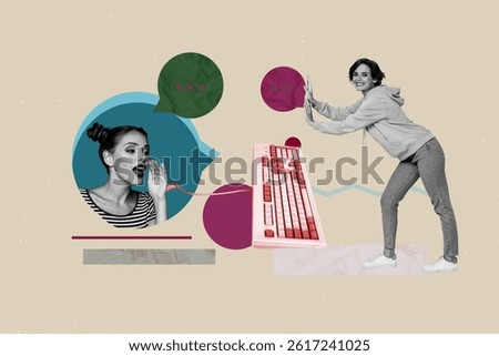 Creative full artwork collage of two happy girl guy stand keypad bubble communication icon chat conversation dialogue phrase talk