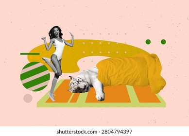 Creative full artwork pop collage of happy girl stand white tiger sleep cover blanket veterinarian zoo shelter care pet friendly.