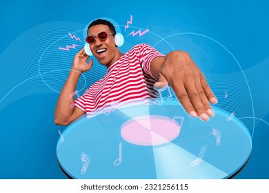 Creative futurism template collage of pop star dj guy playing dynamic music on turntable disc listen headset with holograms