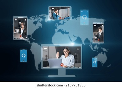 Creative globe map with computer screens and creative video conference call between attractive young european businesspeople. Digital blue background. Work, home and remote team concept
