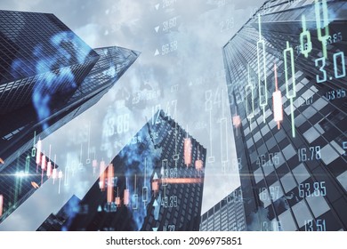 Creative glowing big data forex chart candlestick hologram and map on blurry city background. Trade, technology and finance concept. Double exposure