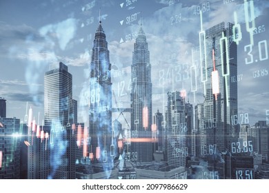 Creative glowing big data forex chart candlestick hologram and map on blurry city wallpaper. Trade, technology and finance concept. Double exposure