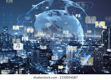 Creative Glowing Blue Globe Hologram With Faces On Blurry Night City Background. Hire, Alumni, Online Conference And Search Concept. Double Exposure