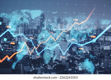 Creative glowing business chart and map on blurry city backdrop. Stock, global finance growth and financial graph concept. Double exposure