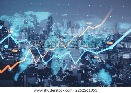 Creative glowing business chart and map on blurry city backdrop. Stock, global finance growth and financial graph concept. Double exposure