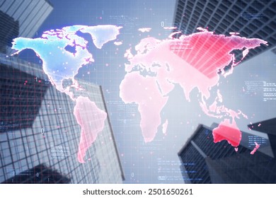 Creative glowing digital map on blurry city background. Interactive screen and global bookings concept. Double exposure