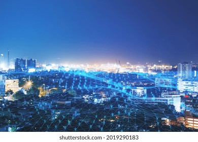 Creative glowing digital mesh with map markers on illuminated night city background with mock up place for your advertisement. Geo position and location concept. Double exposure