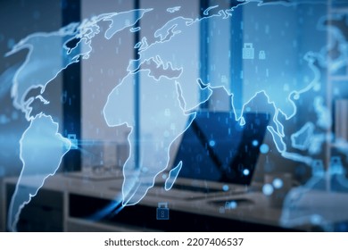 Creative glowing ecryption map hologram with padlock icons on blurry office interior background. Communication, data, safety and global network concept. Double exposure