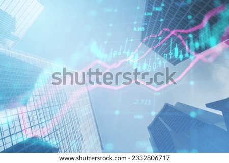 Creative glowing forex index chart with grid on blurry toned city background. Market, finance and online trading concept. Double exposure