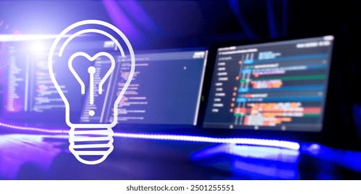 Creative glowing light bulb with computer program code on the screen. Technology and innovation concept and technology concept. - Powered by Shutterstock - Get 15% off with code: PIKWIZARD15