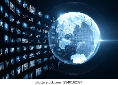 Creative glowing polygonal globe with rows of images on dark background. Connecting businesspeople, video conference concept