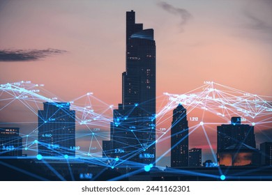 Creative glowing polygonal interface on blurry city background. Technology, innovation and network concept. Double exposure
