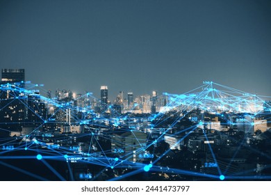 Creative glowing polygonal interface on blurry night city background. Technology, innovation and network concept. Mock up. Double exposure