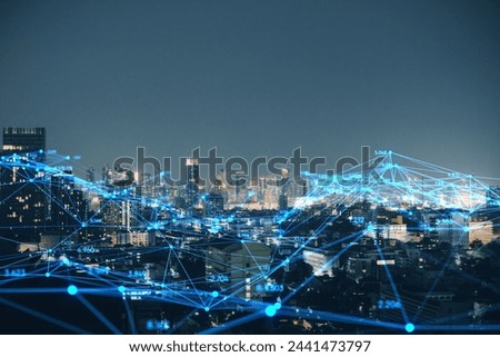 Creative glowing polygonal interface on blurry night city background. Technology, innovation and network concept. Mock up. Double exposure