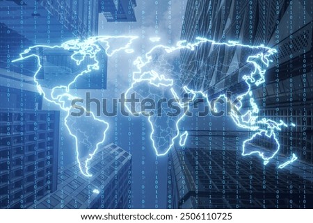 Creative glowing polygonal map on blurry city background. Innovation and interactive map. Double exposure