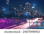 Creative glowing purple night city wallpaper with digital data lines all over. Smart city, VR, AI and innovation concept. Double exposure