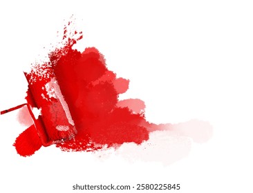Creative graphic concept of paint roller applying fresh  red paint onto the wall. Process of home renovation, improvement and makeover.  Isolated on the white background. Copy space.