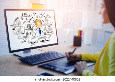 Creative graphic designer is drawing brainstorm sketch and colorful light bulb sketch  Concept new ideas for start up
