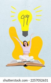 Creative graphics 3d collage of excited girl learning nerd have inspiration lamp bulb genius decision sit open book - Shutterstock ID 2257052631